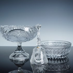 3pc Crystal Cut Glass Compote Bowl Bell Lot