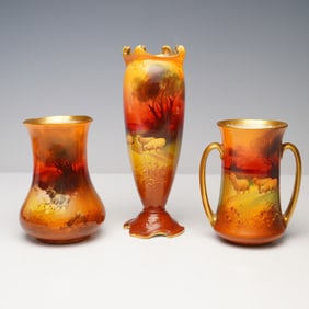 3pc Royal Doulton Holbein Ware Landscape Animal Vases