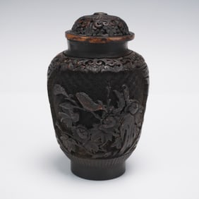 Chinese Carved Cinnabar-Style Lacquer Jar with Lid