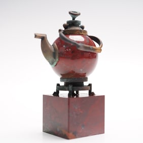 Miniature Stone and Brass Teapot Sculpture