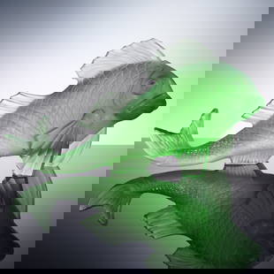 Baccarat Crystal Carpe Koi Fish Sculpture, Chartreuse with Box: A beautifully crafted Baccarat crystal sculpture in the form of a koi carp, rendered in luminous chartreuse green crystal with a frosted finish. Finely detailed throughout, with precise texturing of s