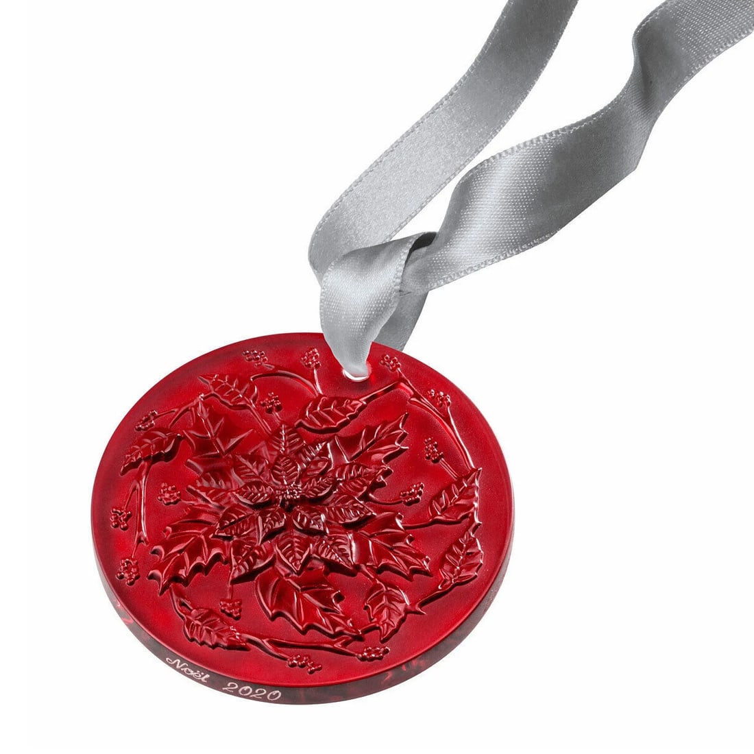 Lalique Crystal Poinsettia Red Christmas Ornament: This exquisite Lalique Poinsettia ornament, crafted in vibrant red crystal, features an intricate design of poinsettia flowers, symbolizing the festive spirit of the season. The ornament is suspended 