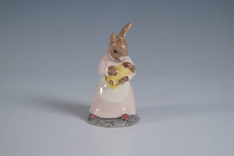 Royal Doulton Bunnykins Figurine, Mother and Baby DB167: Charming Royal Doulton Bunnykins figurine titled Mother and Baby, model DB167, issued in 1989. This delightful piece features a mother bunny dressed in a pink gown with an apron, tenderly holding her
