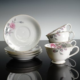 8pc Porcelain Pink Rose Tea Cups and Saucers, Made in Japan