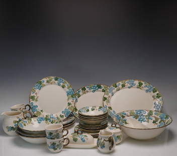 37pc Metlox Ceramic Dinnerware Set, Poppy Trail: This 37-piece ceramic dinnerware set by Metlox showcases the iconic Poppy Trail line, made in California and decorated in a vibrant grapevine motif featuring hand-painted clusters of blue grapes with