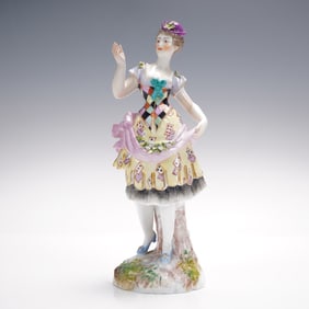 Meissen Porcelain Figurine, Harlequin Girl with Playing Cards
