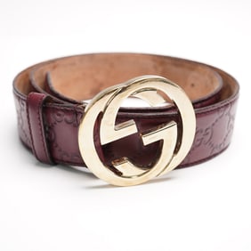 Gucci Burgundy Leather Belt, Gold GG Buckle - Size 34