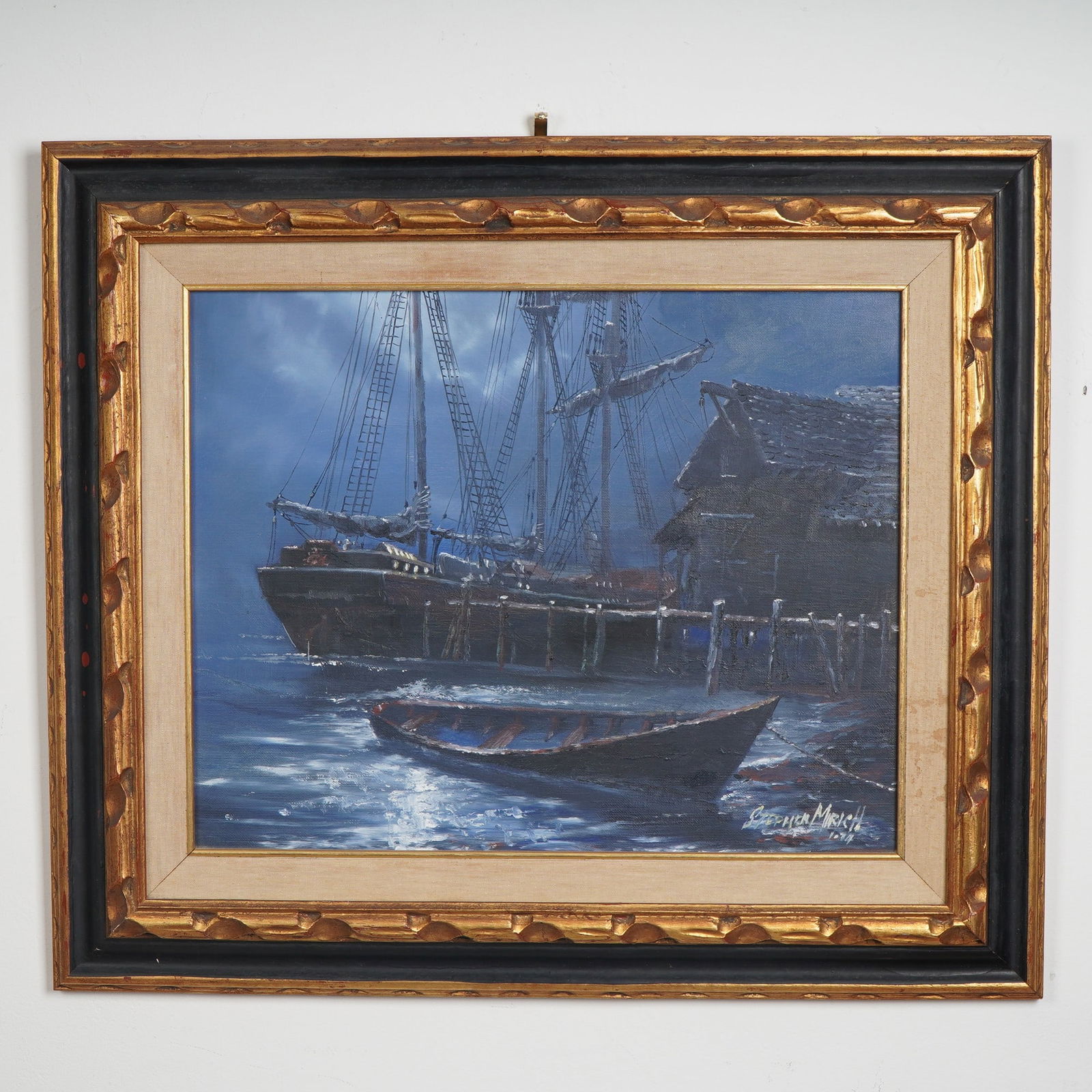 Stephen Mirich, Original Oil on Canvas Board, Harbor by Night, Signed: A moody and evocative maritime scene by California artist Stephen Mirich, painted in oil on canvas board. This nighttime harbor view features a masterfully rendered tall ship docked beside a weathered