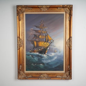 Andres Orpinas, Original Oil on Canvas, Clipper Ship at Sea, Signed