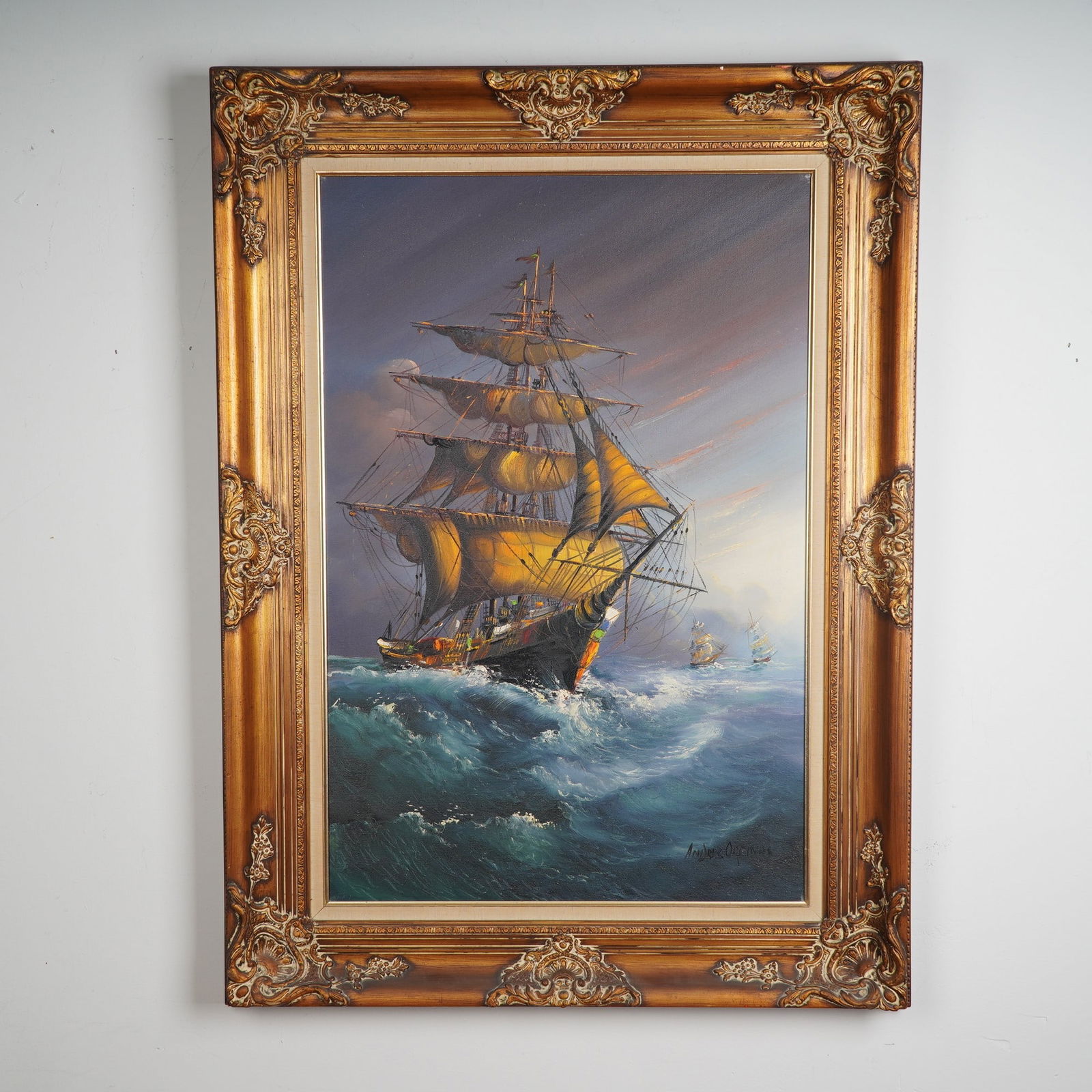 Andres Orpinas, Original Oil on Canvas, Clipper Ship at Sea, Signed: This dynamic maritime oil painting by Andres Orpinas depicts a majestic clipper ship with billowing yellow-tinged sails cutting through deep ocean waves, bathed in the light of an approaching sunset.
