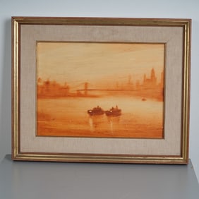 Mid-20th c. Monochrome Harbor Scene with City Silhouette and Bridge