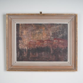 Original British Expressionist Oil on Board, London Buses at Dusk