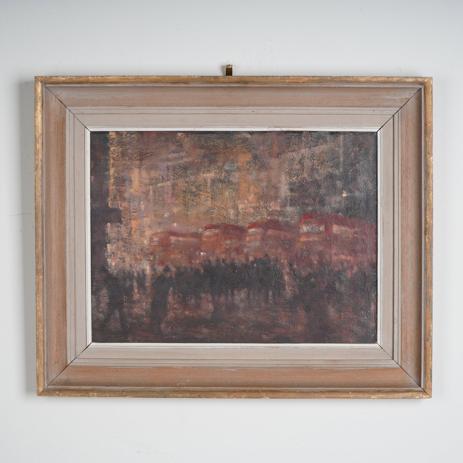 Original British Expressionist Oil on Board, London Buses at Dusk: Oil on board, housed in a vintage gilt-accented wooden frame, this evocative painting captures a twilight cityscape where iconic red double-decker buses roll through a haze of deep maroons, golds, and