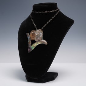 Artisan Pendant-Brooch Necklace with Abalone, Quartz, and Raw Gemstones