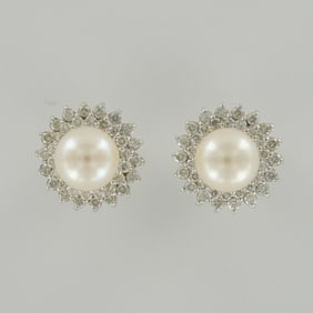 Pair of 14K White Gold Pearl and Diamond Earrings