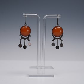 Pair of Vintage Silver Dangle Earrings with Orange Cabochons