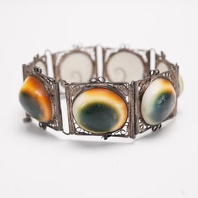 Edwardian Operculum Silver Tone Filigree Bracelet