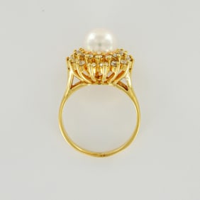Diamond and Pearl Cluster Ring in 14K Yellow Gold