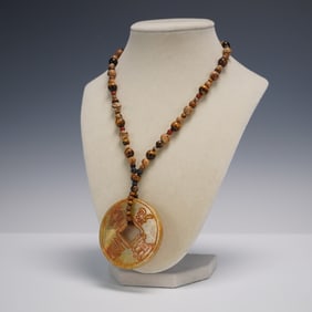 Beaded Stone Necklace with Carved Jade Bi Pendant
