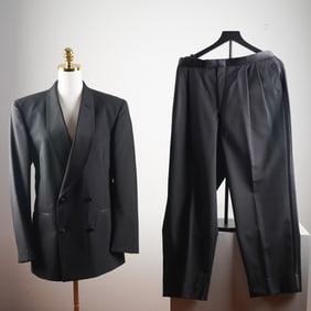 Perry Ellis Black Wool Double-Breasted Men Tuxedo Suit