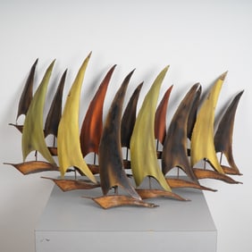 Mid-Century Hand-Torched Metal Wall Sculpture of Sailboats