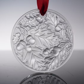 Lalique Frosted Crystal Oak Leaf and Acorn Ornament with Box