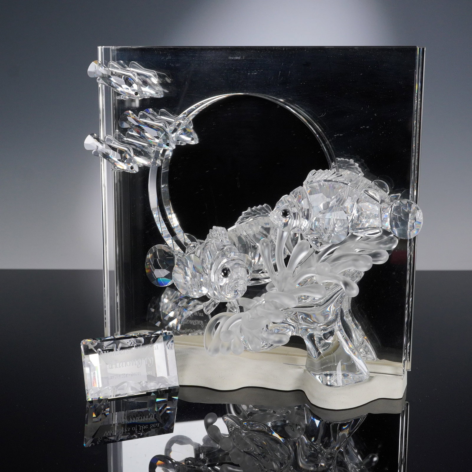 Swarovski Crystal Figurine, Wonders of the Sea, Harmony, Plus Plaque, 68182: Immerse yourself in the elegance of Swarovski craftsmanship with this stunning crystal sculpture from the Wonders of the Sea series - Harmony, designed by renowned artist Martin Zendron. This exquisit