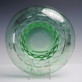 Bohemian Green Art Glass Centerpiece Bowl with Sterling Silver Overlay