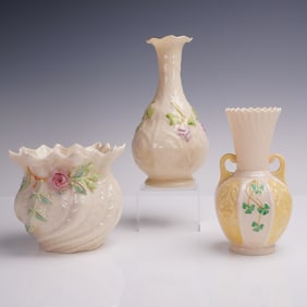 3pc Vintage Belleek Porcelain Vases, Shamrock & Floral Motifs