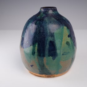 Studio Art Pottery Vase, Abstract Green & Blue Drip Glaze