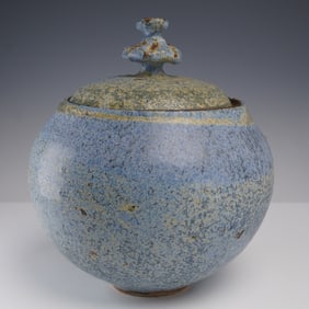 Studio Pottery Lidded Jar, Speckled Blue Glaze