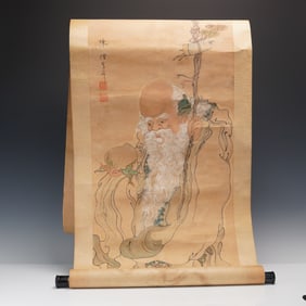 Chinese Ancestral-Style Hanging Scroll Painting of Shou Lao, Signed