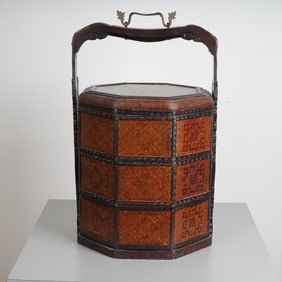 Woven Chinese Lacquered Wedding Basket w/ Carved Hardwood Mounts