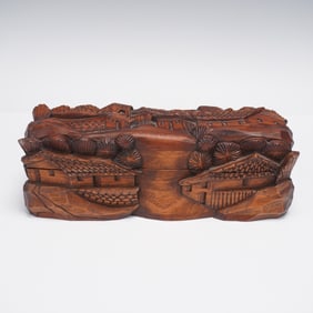 Hand-Carved Wooden Box with Village Landscape Motif