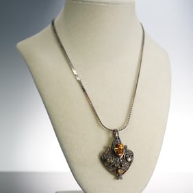 Sterling Silver Amber Citrine Edwardian Pendant Necklace