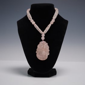 Carved Rose Quartz Pendant Necklace with Triple Strand Beads