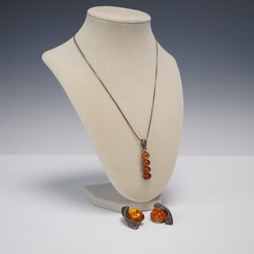 3pc Sterling Silver and Amber Jewelry Set, Necklace and Earrings