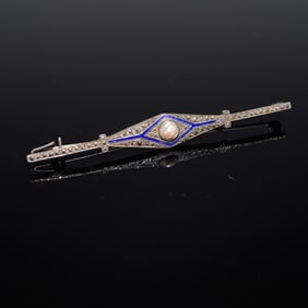 Vintage Art Deco Pearl and Blue Enamel Pin