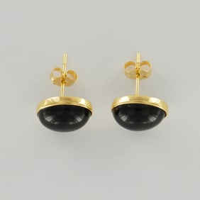 Pair of 14K Yellow Gold Earrings With Oval Black Onyx Gemstone