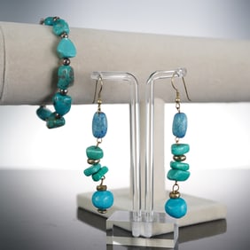3pc Jewelry Set: Sterling Turquoise Bracelet & Faux Turquoise Earrings