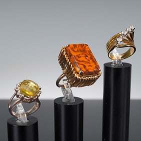 3pc Cocktail Rings - Yellow Glass, Marbled Resin, Rhinestone Arc - Size 7