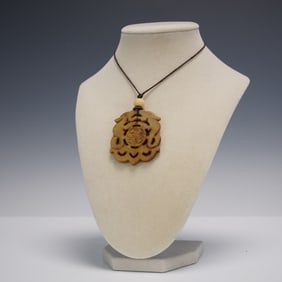 Carved Jade Pendant Necklace on Cord with Bone Bead Accent