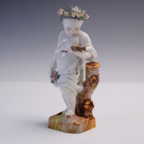 Meissen Style Porcelain Figurine, Child with Bird & Floral Crown