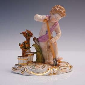 Meissen Porcelain Figurine, Gardening Putto with Lavender Drape