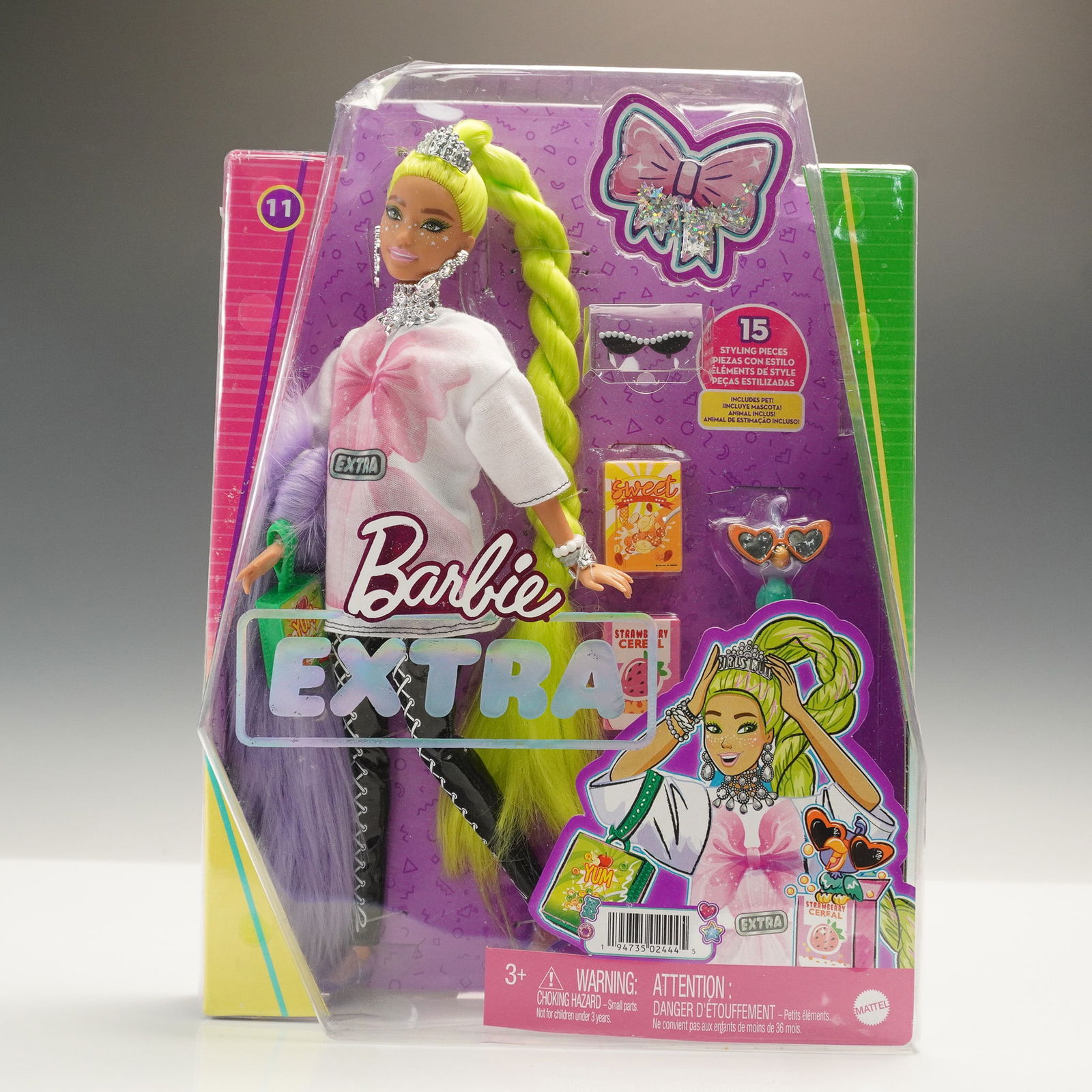 Mattel Barbie Extra Fashion Doll with Accessories Set: Barbie doll #11 featuring vibrant neon green braiding hair with a purple color exchangeable hair, star decorations, a bold silver toned tiara with matching necklace and earrings. This barbie set inclu