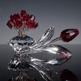2pc Swarovski Crystal Figurines, Red Flowers