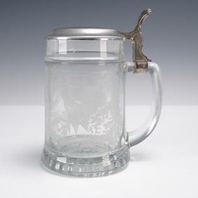 West German Etched Glass Beer Stein with Aluminum Lid