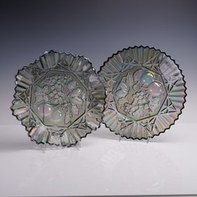2pc Vintage Iridescent Pressed Glass Plates with Fruit Motif