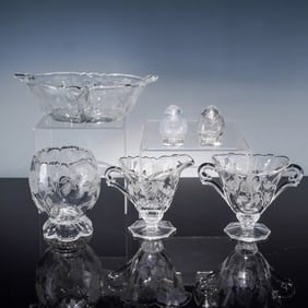 6pc Heisey Etched Crystal Glassware Set with Shakers