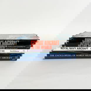 3pc Military Aviation Reference Book Collection: A collection of three books on military aircraft, providing extensive details on aviation history, specifications, and combat performance. Titles include "Royal Navy Aircraft Since 1945" by Ray Willia